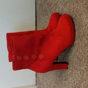 Odelina red high heel faux suede bootie side button